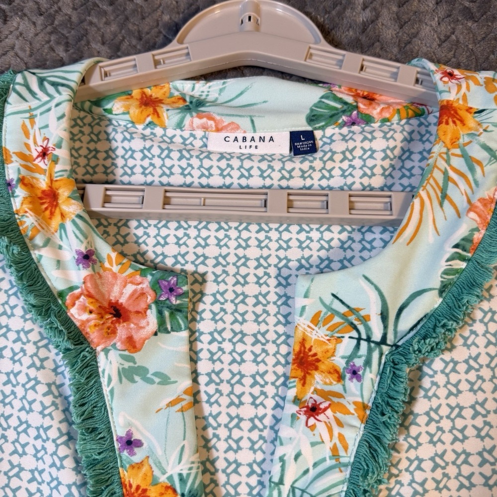 Cabana Life Women Sleeveless Tunic Dress Large Aqua Floral Beach Resort Pockets - Picture 2 of 9